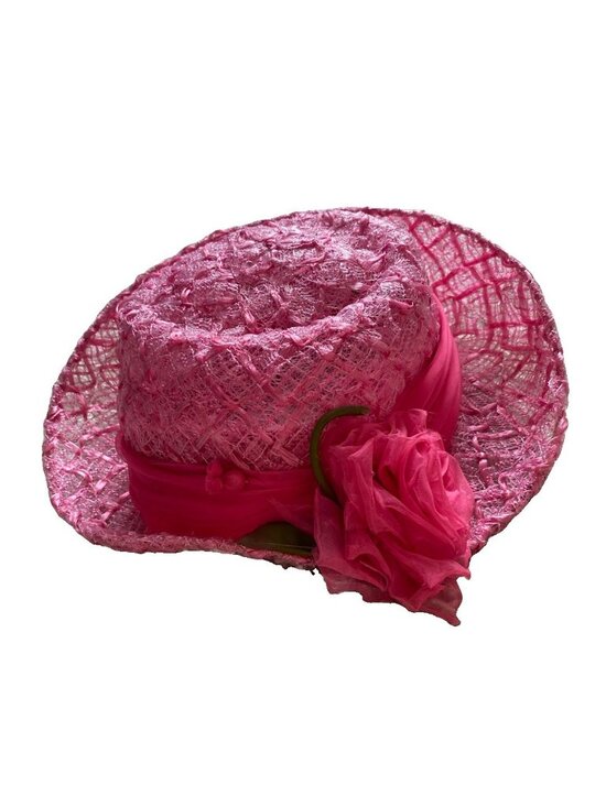 Vintage Rose Nemours Hat Paris Floral Pink Raffia Tea Textured Basket Weave